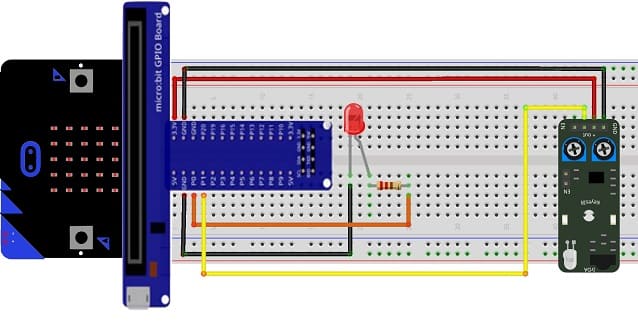 Montage de la carte Micro:bit avec le capteur infrarouge KY-032 et une LED