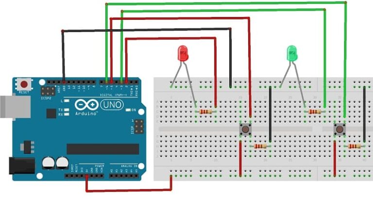 Light up two LEDs connected to Arduino using push buttons