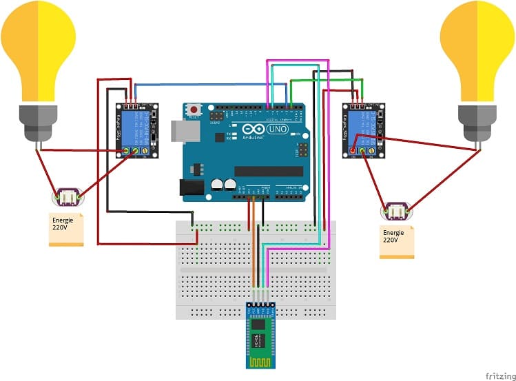Mounting the Arduino UNO with the HC-06 Bluetooth module, two lamps and two relays