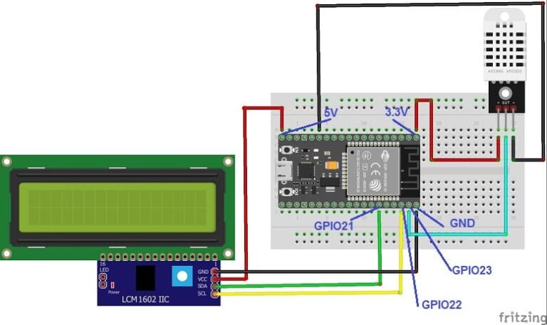 Display on the I2C LCD display the temperature and humidity measured by ...