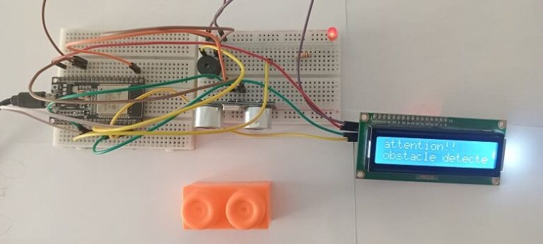 Obstacle detection system using HC-SR04, I2C LCD display and ESP32 board