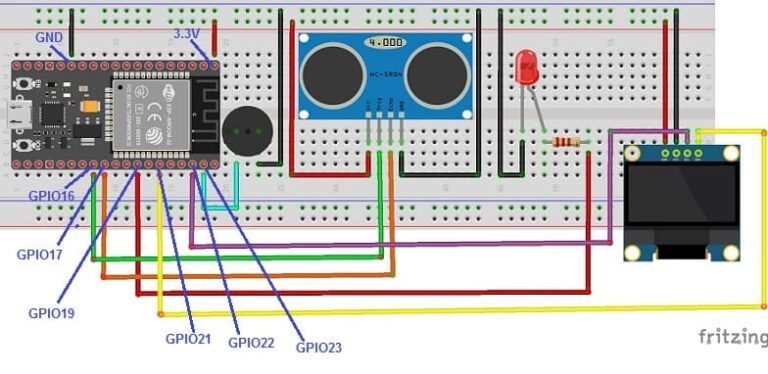 Obstacle detection system using HC-SR04, SSD1306 screen and ESP32