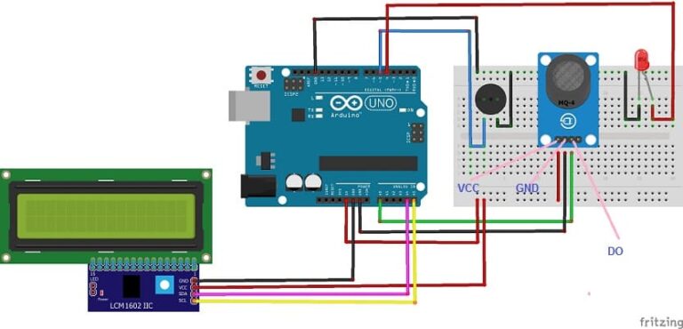 Gas alarm system based on Arduino UNO, MQ-4 sensor and LCD screen